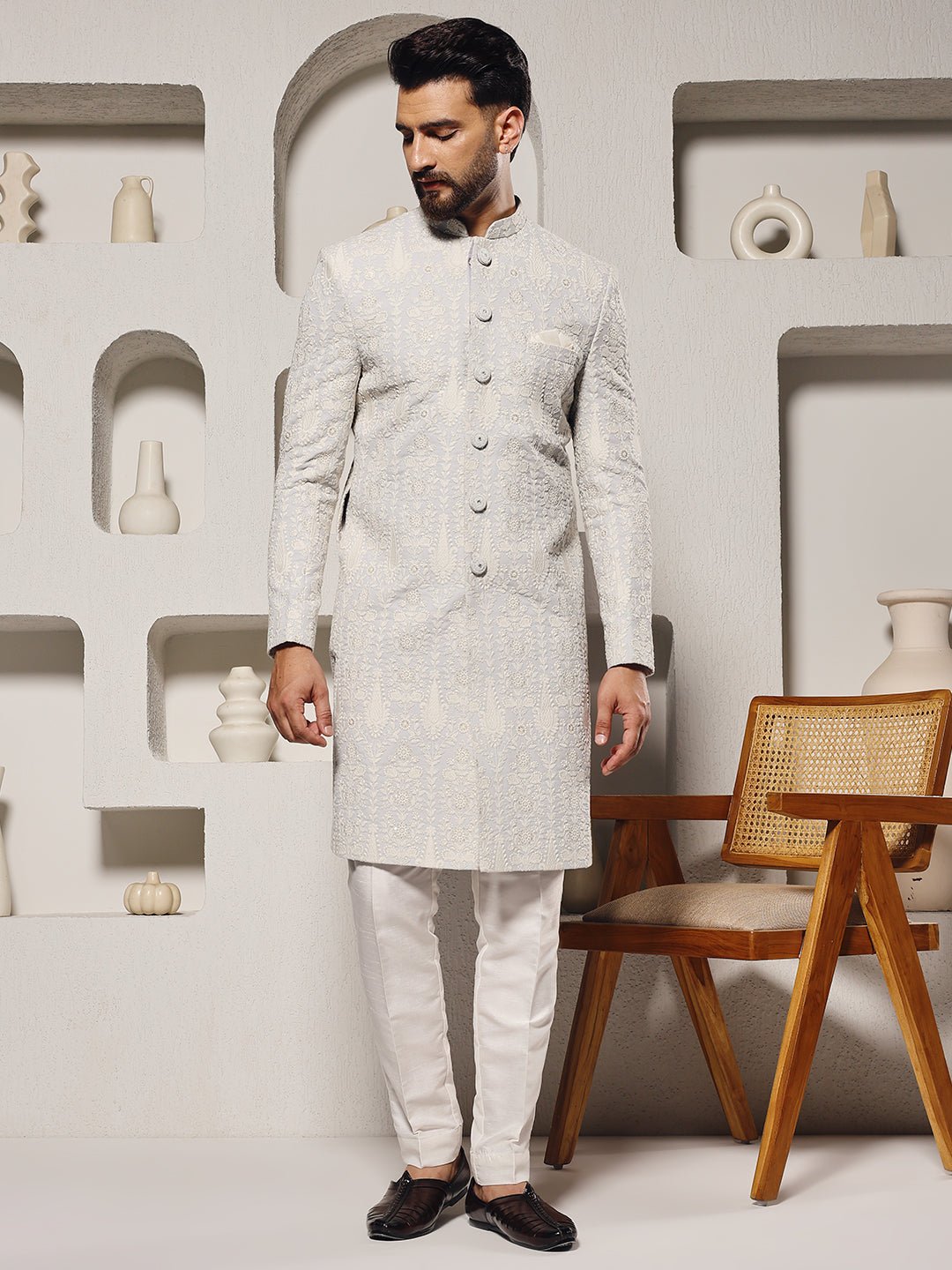 Men Grey Georgette Embroidered Sherwani Set