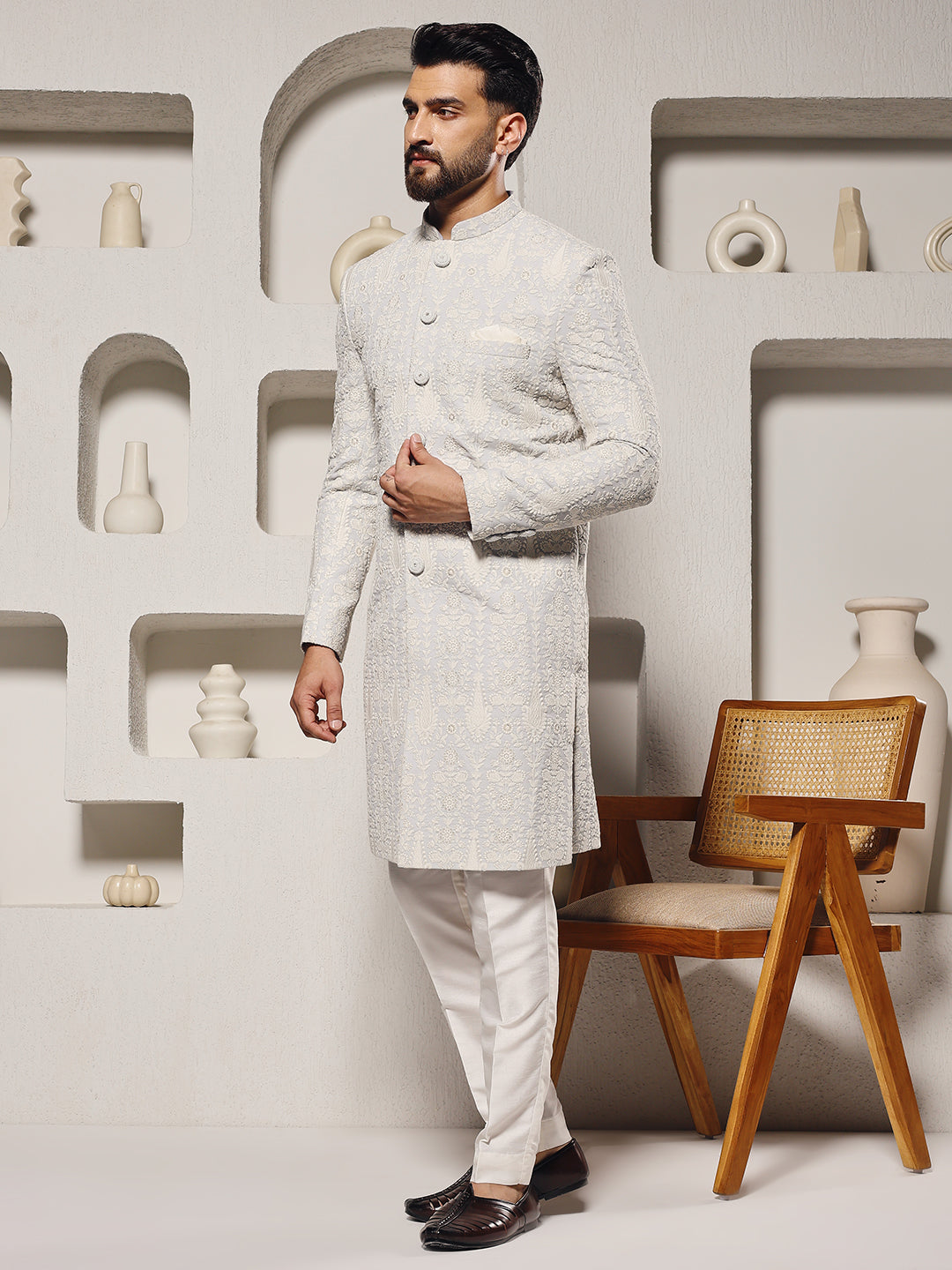 Magnet Men's Grey Georgette Embroidered Sherwani Set