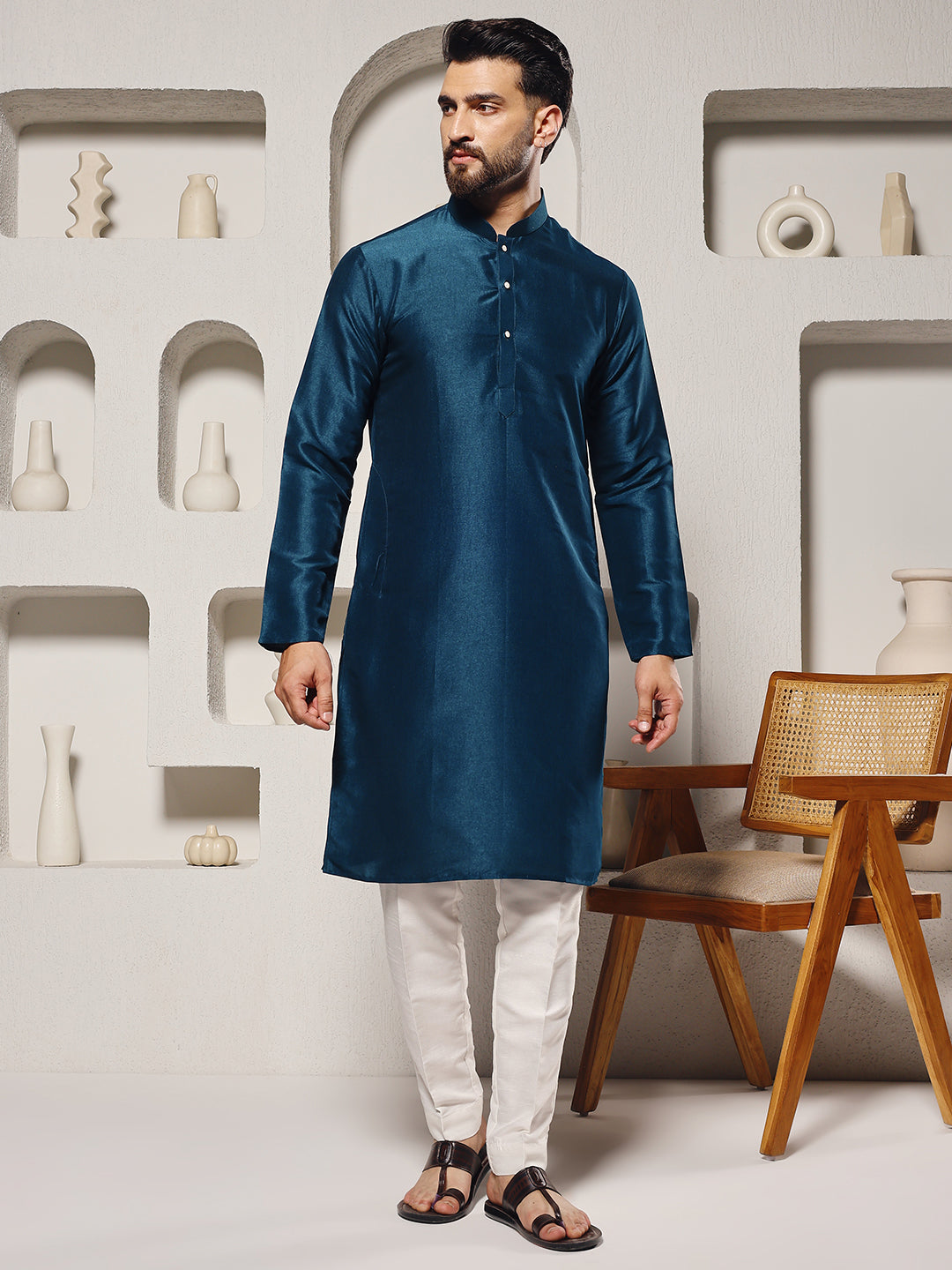 Magnet Men's Teal Lucknowi Work Nehru Jacket Set