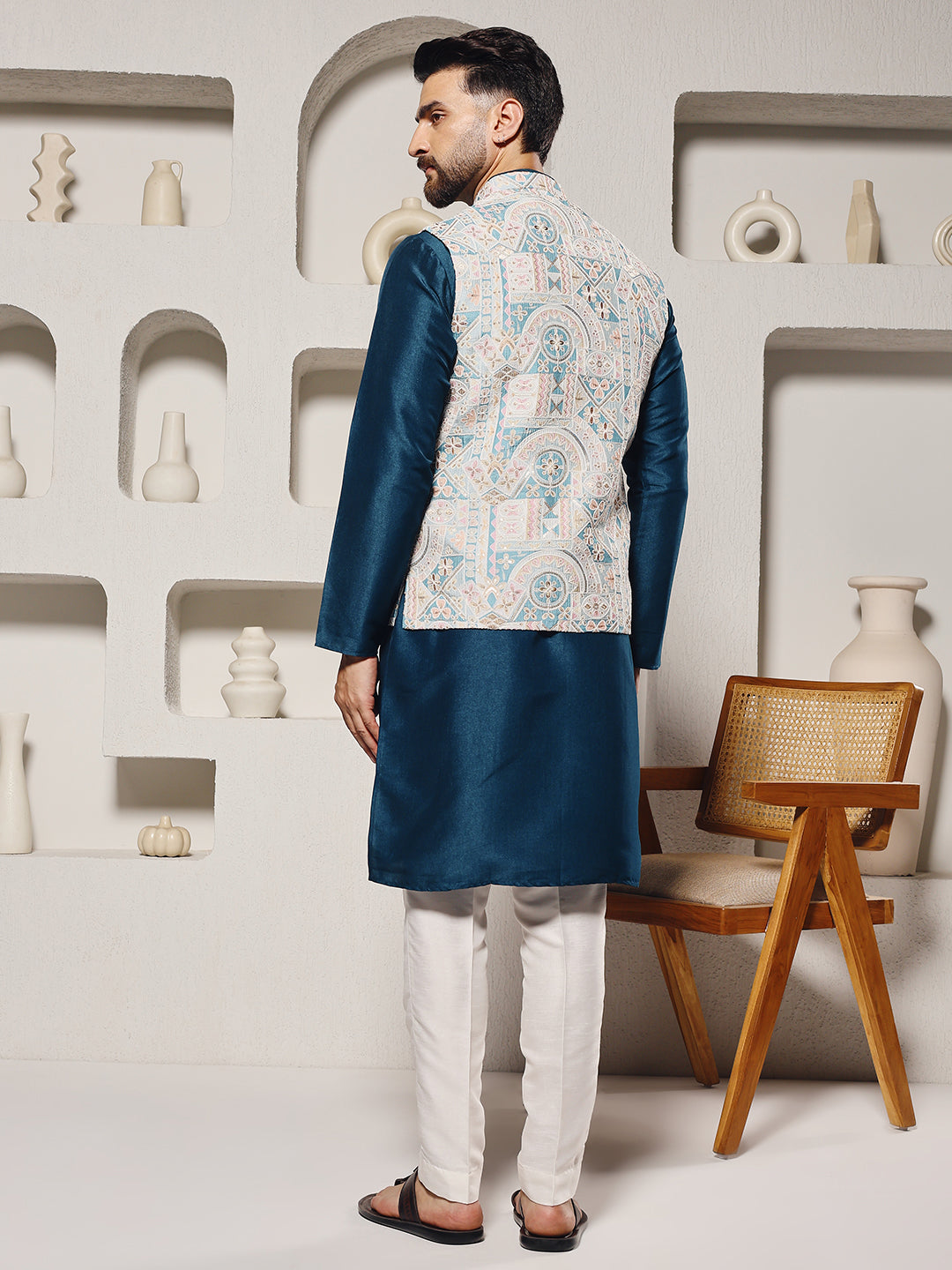 Teal Lucknowi Work Nehru Jacket Set