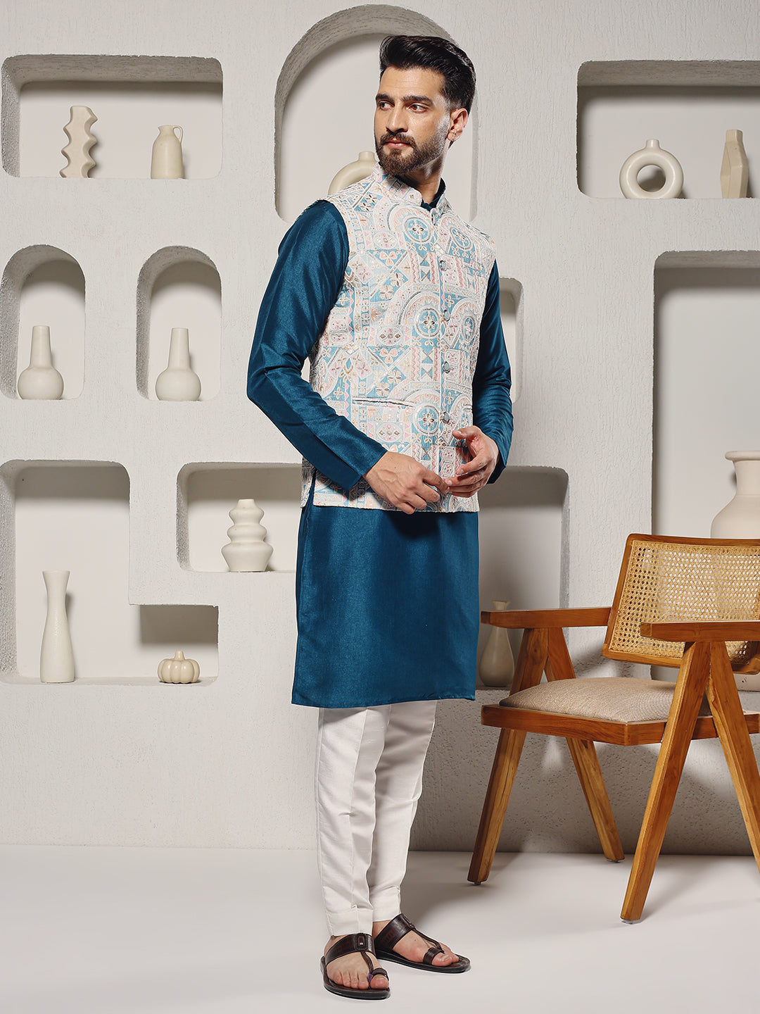 Magnet Men's Teal Lucknowi Work Nehru Jacket Set