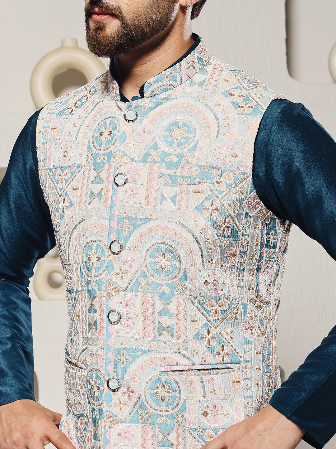 Teal Lucknowi Work Nehru Jacket Set