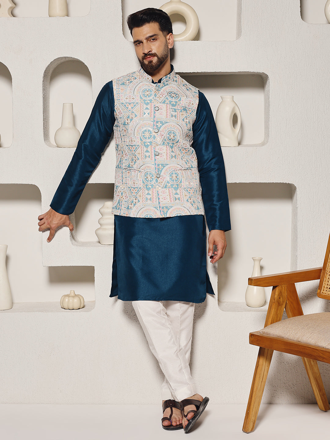 Magnet Men's Teal Lucknowi Work Nehru Jacket Set