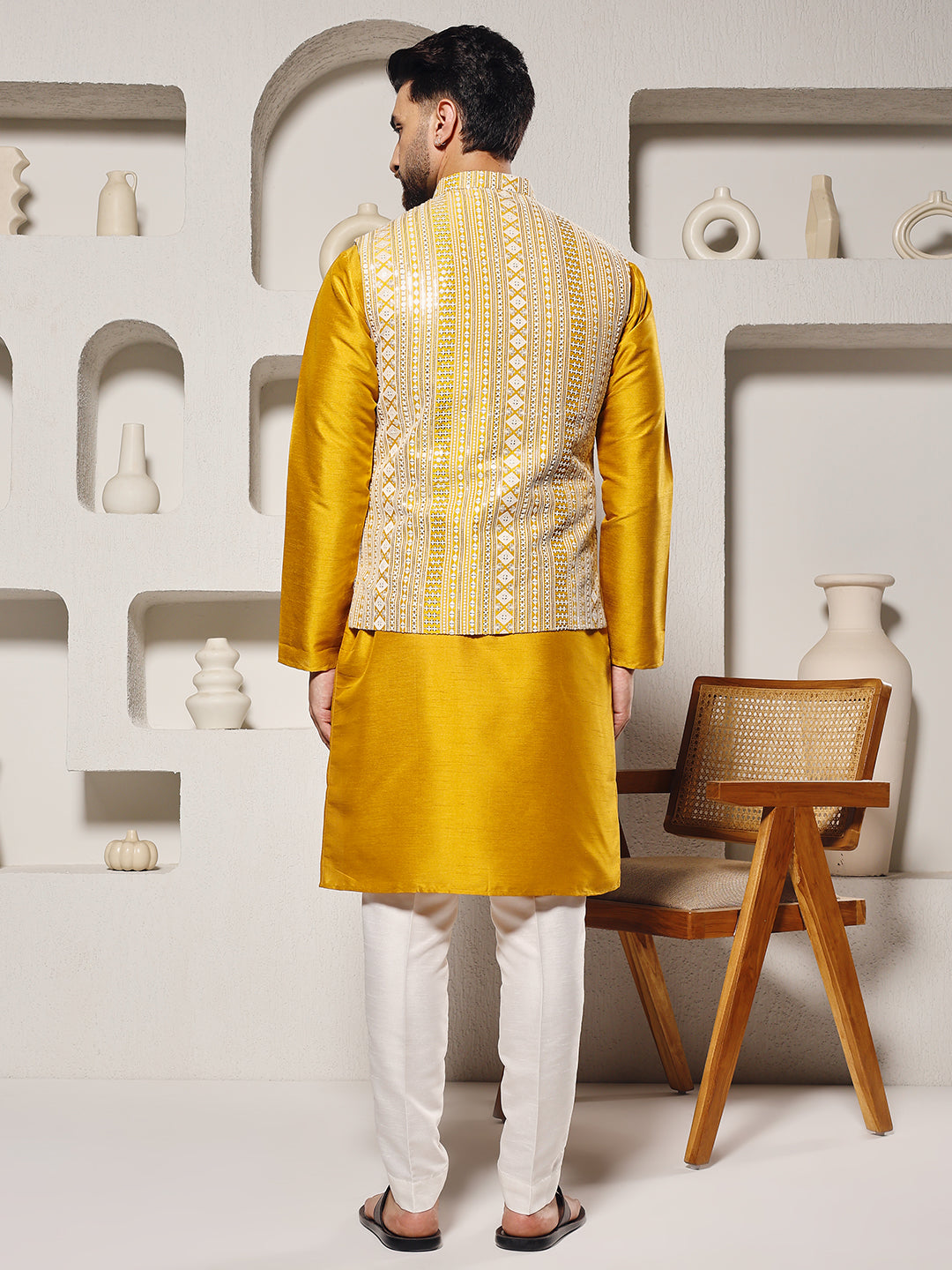 Men Yellow Mirror Work Nehru Jacket Set