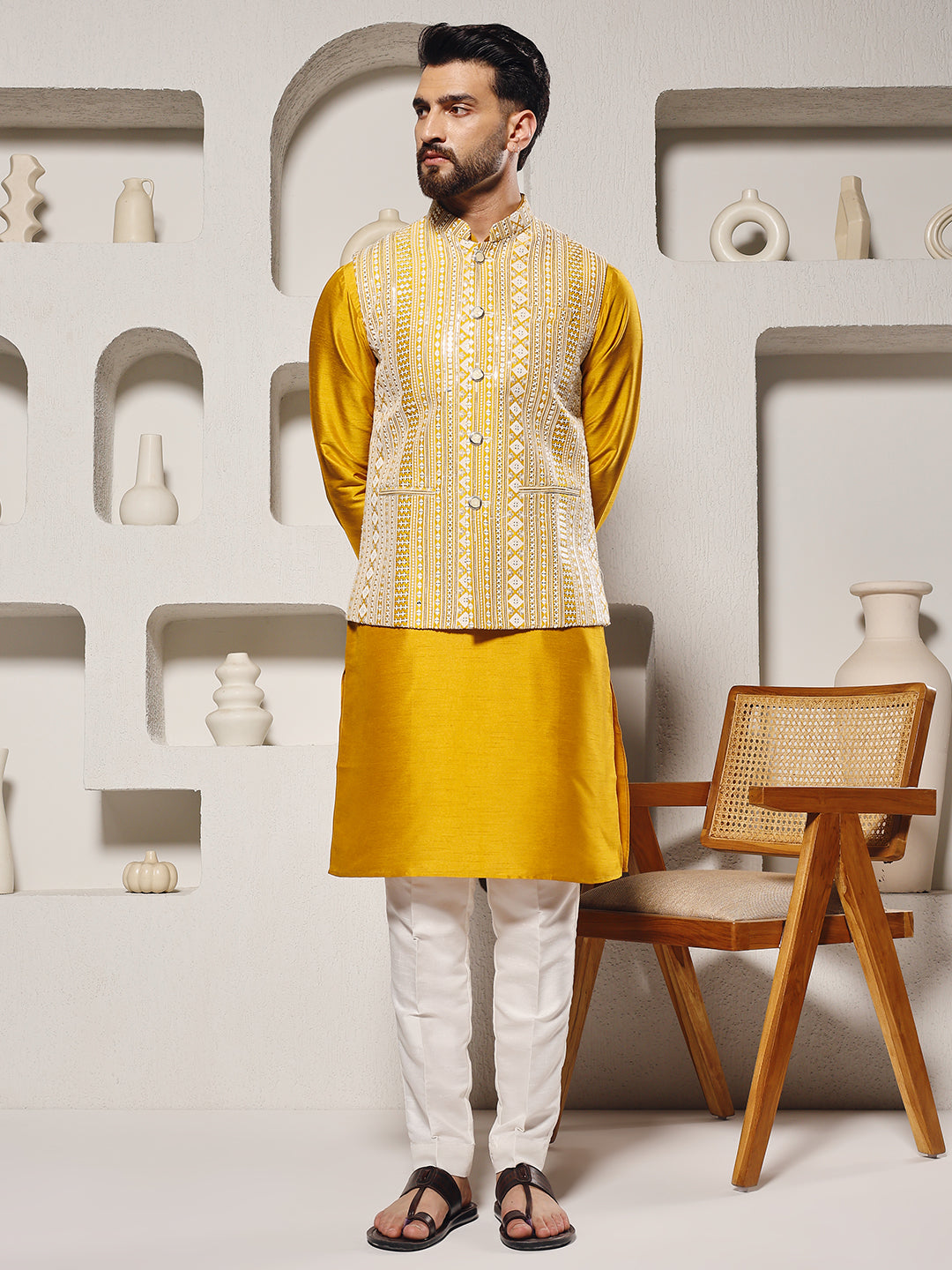 Men Yellow Mirror Work Nehru Jacket Set