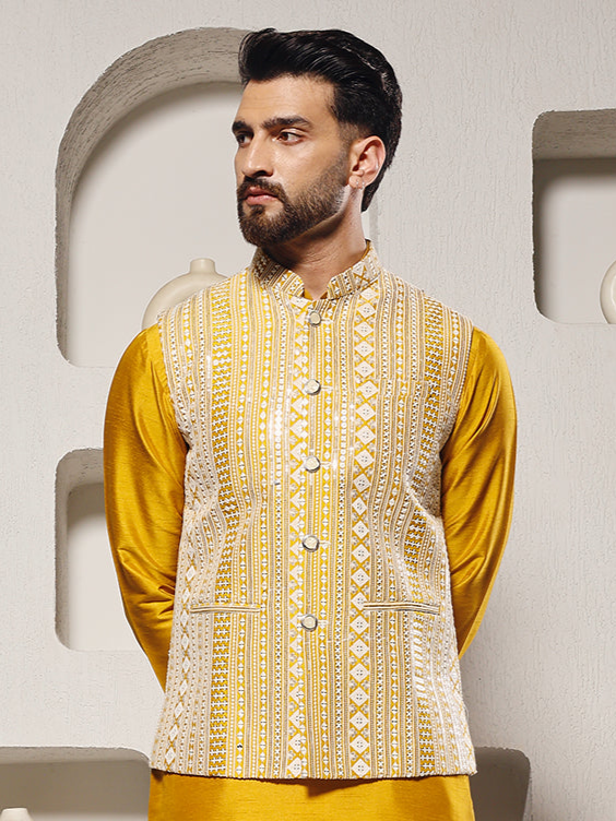 Men Yellow Lucknowi Embroidered Jacket Only