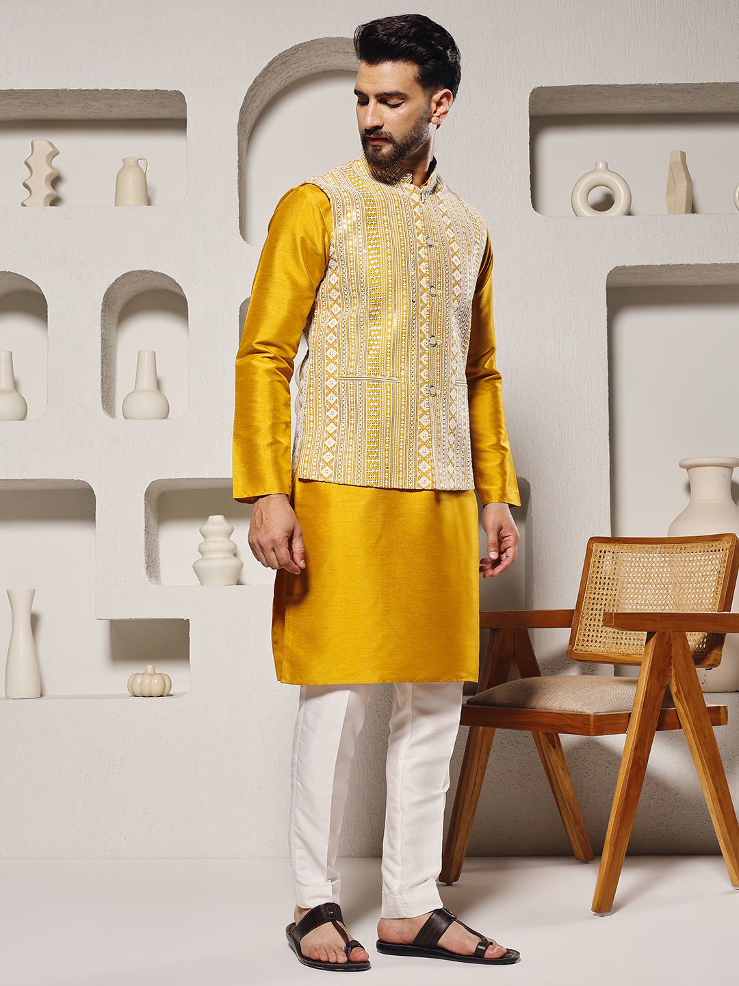 Men Yellow Mirror Work Nehru Jacket Set