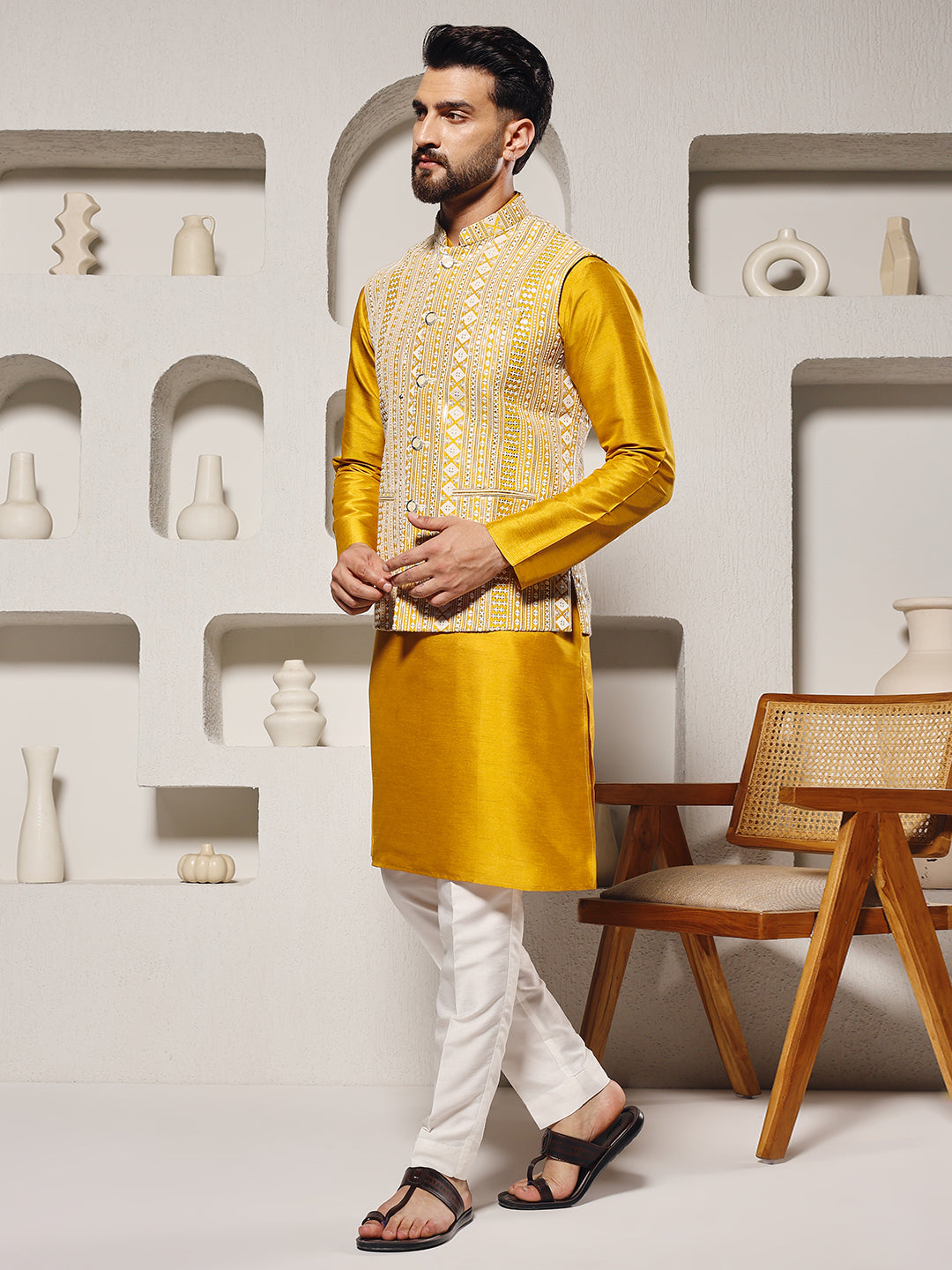 Men Yellow Mirror Work Nehru Jacket Set