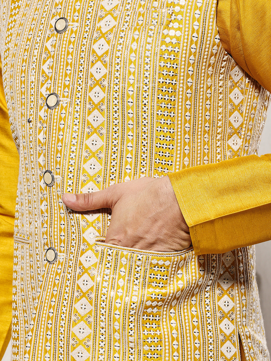Men Yellow Mirror Work Nehru Jacket Set