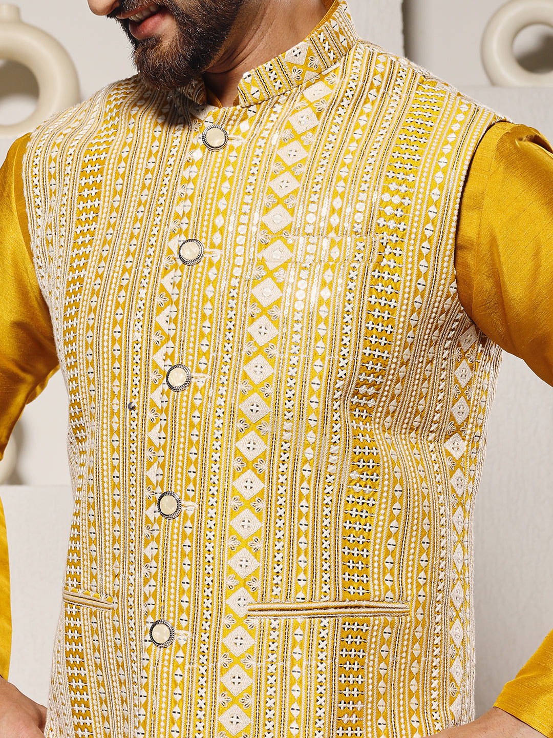Men Yellow Mirror Work Nehru Jacket Set
