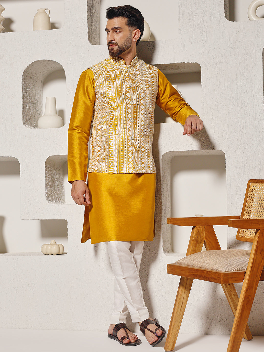 Men Yellow Mirror Work Nehru Jacket Set