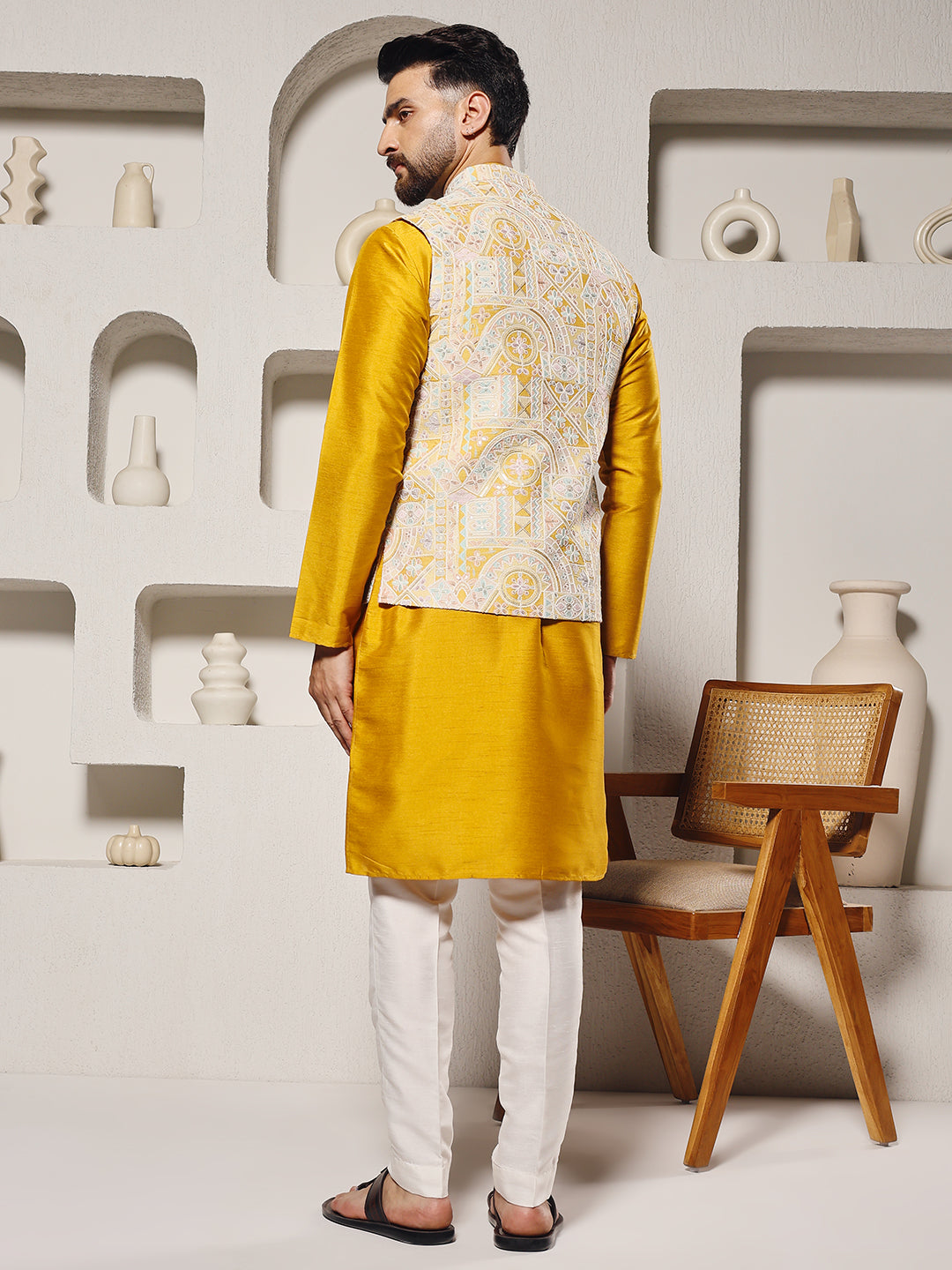 Yellow Position Print Lucknowi Nehru Jacket Set