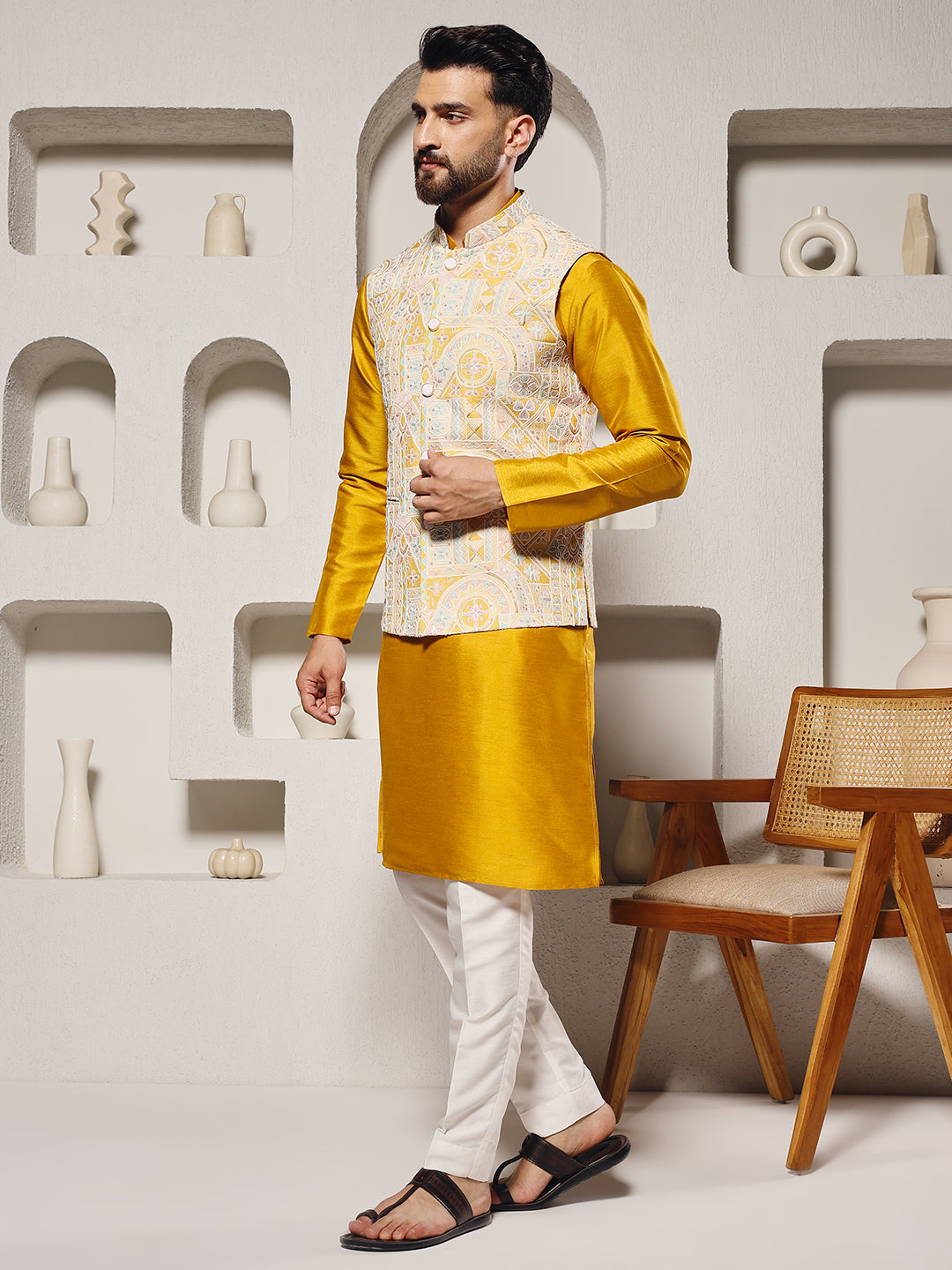 Magnet Men's Yellow Position Print Lucknowi Nehru Jacket Set