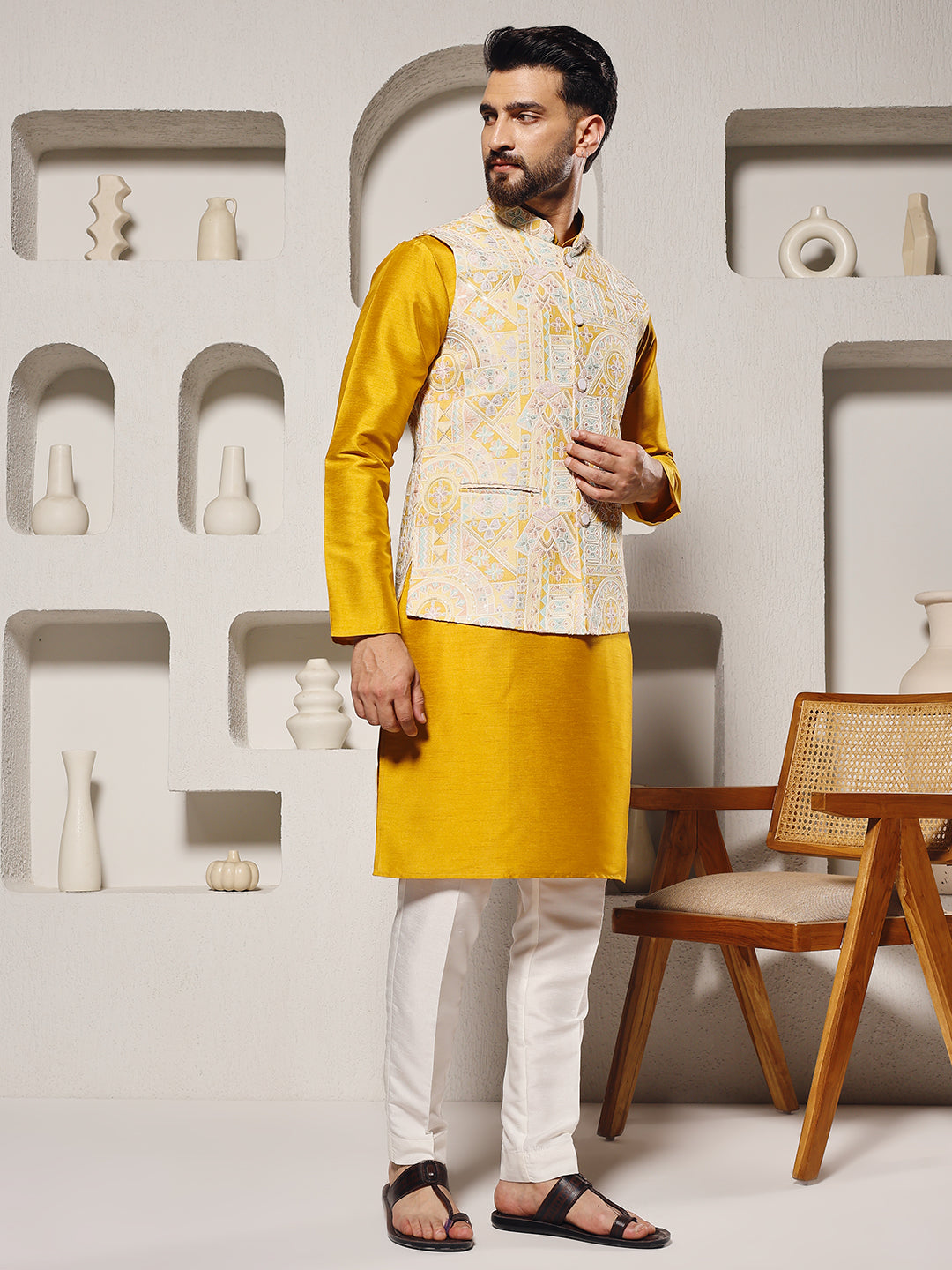 Magnet Men's Yellow Position Print Lucknowi Nehru Jacket Set