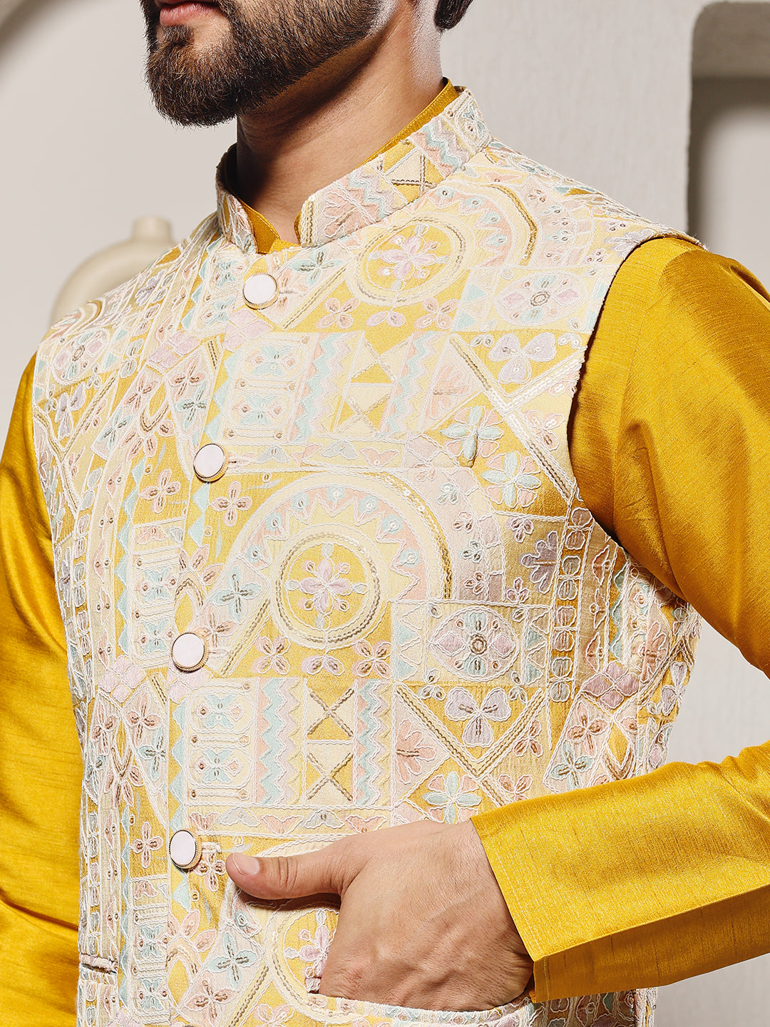 Magnet Men's Yellow Position Print Lucknowi Nehru Jacket Set