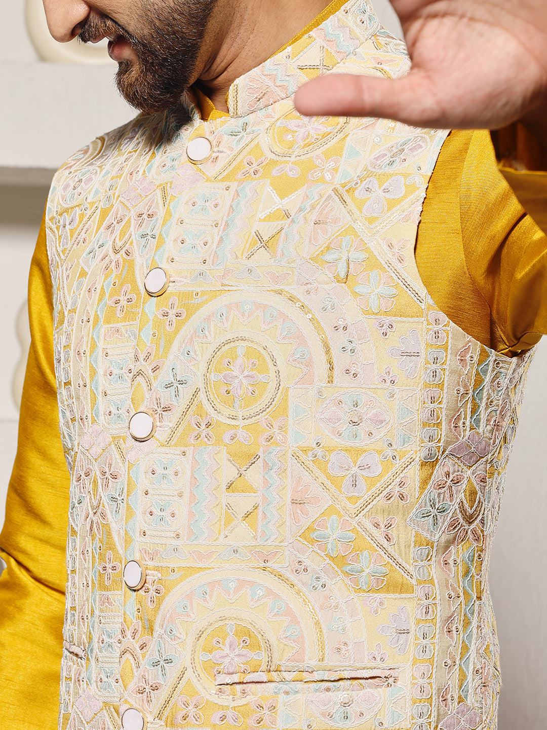 Magnet Men's Yellow Position Print Lucknowi Nehru Jacket Set