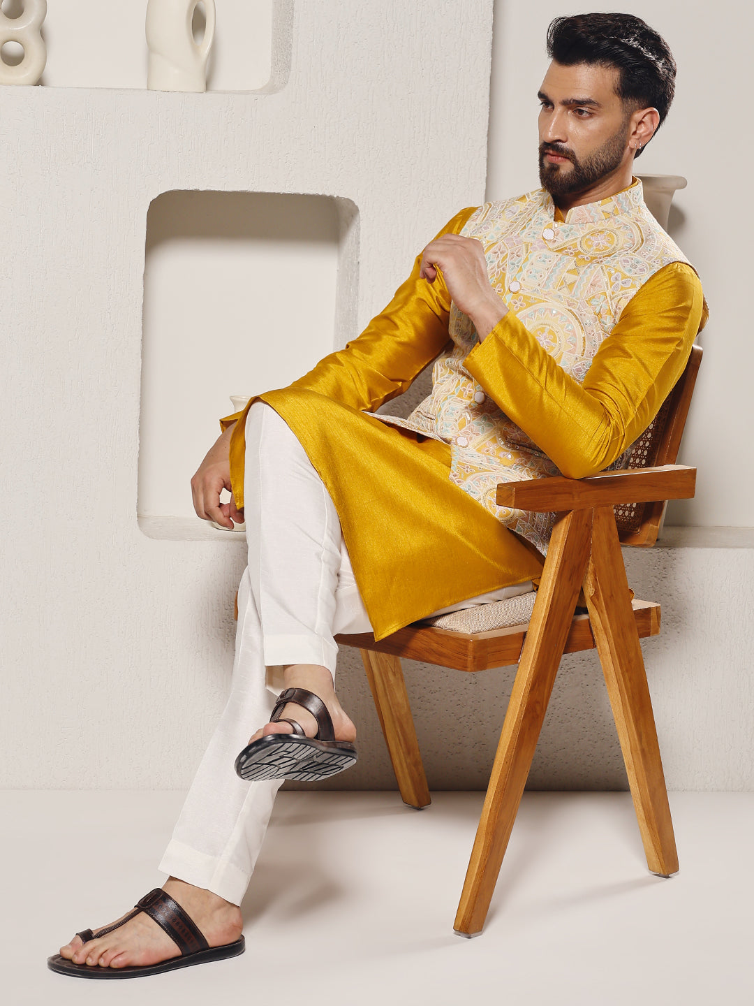 Magnet Men's Yellow Position Print Lucknowi Nehru Jacket Set