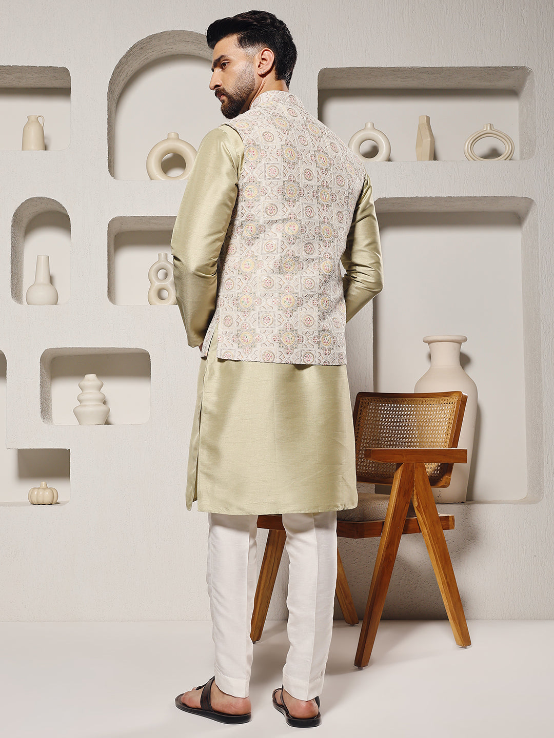Pista Lucknowi Position Print Lucknowi Nehru Jacket Set