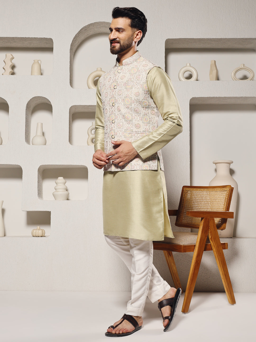 Pista Lucknowi Position Print Lucknowi Nehru Jacket Set