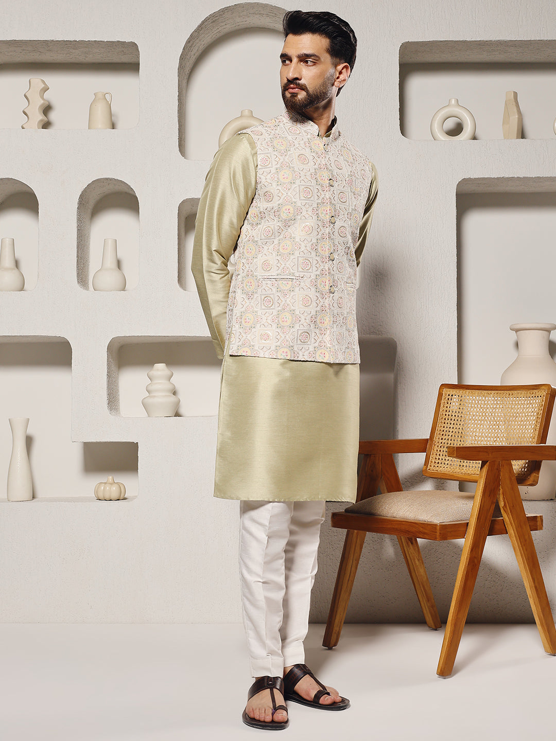 Pista Lucknowi Position Print Lucknowi Nehru Jacket Set