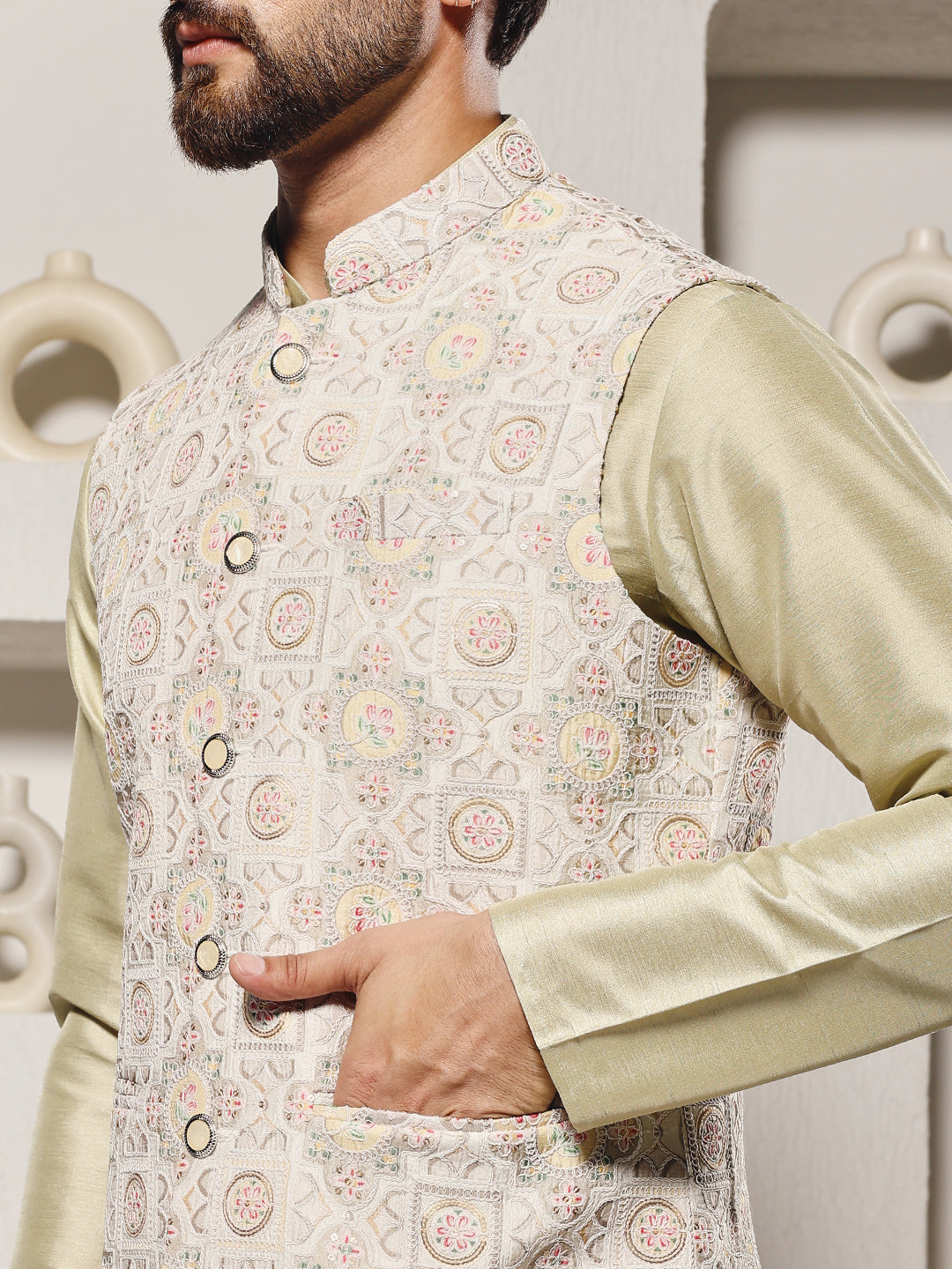 Pista Lucknowi Position Print Lucknowi Nehru Jacket Set