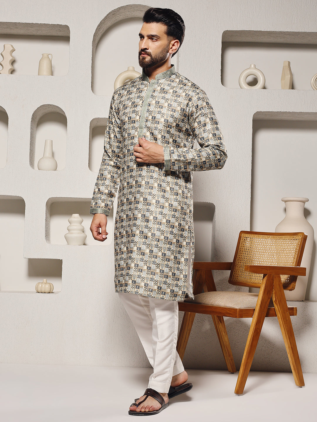 Magnet Men's Printed Silk Kurta Trouser Set