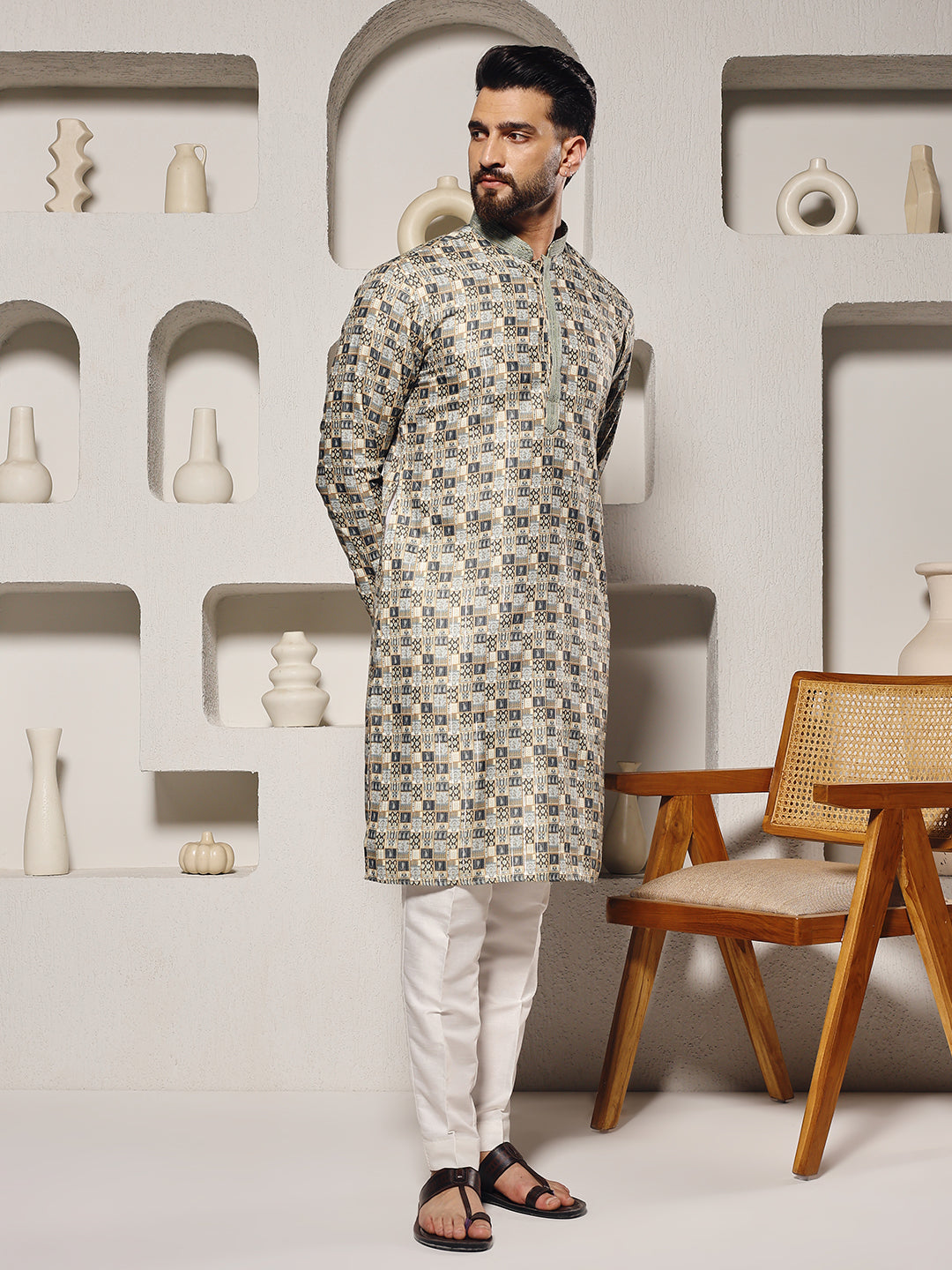 Magnet Men's Printed Silk Kurta Trouser Set