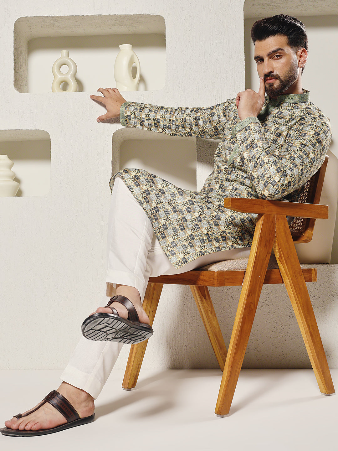 Magnet Men's Printed Silk Kurta Trouser Set