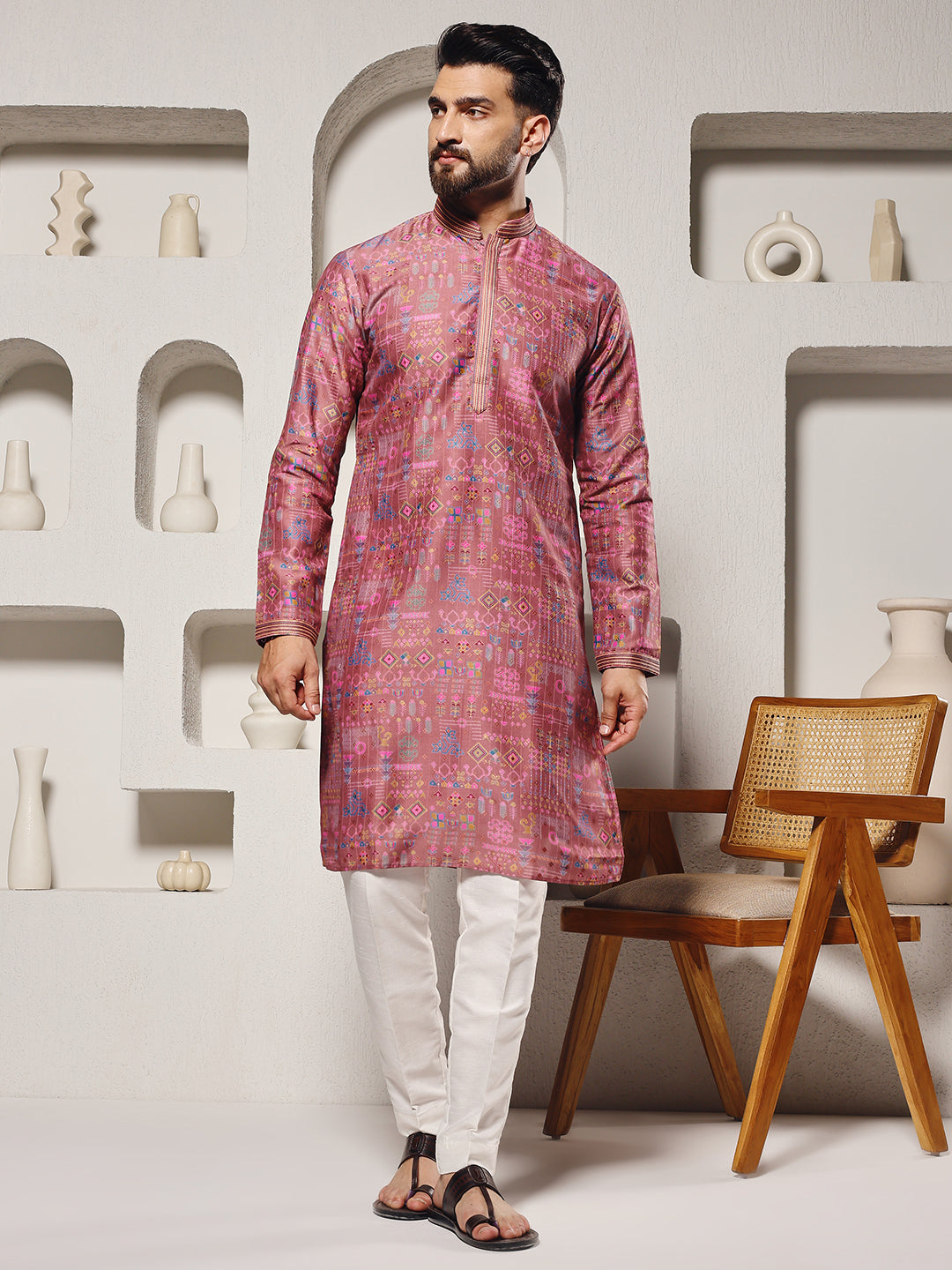 Men Light Pink Printed Silk Kurta Trouser Set