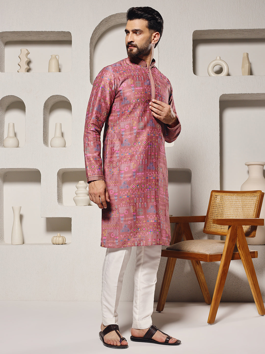 Magnet Men's Light Pink Printed Silk Kurta Trouser Set