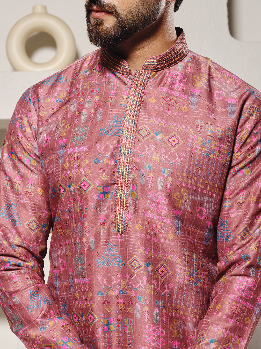 Magnet Men's Light Pink Printed Silk Kurta Trouser Set