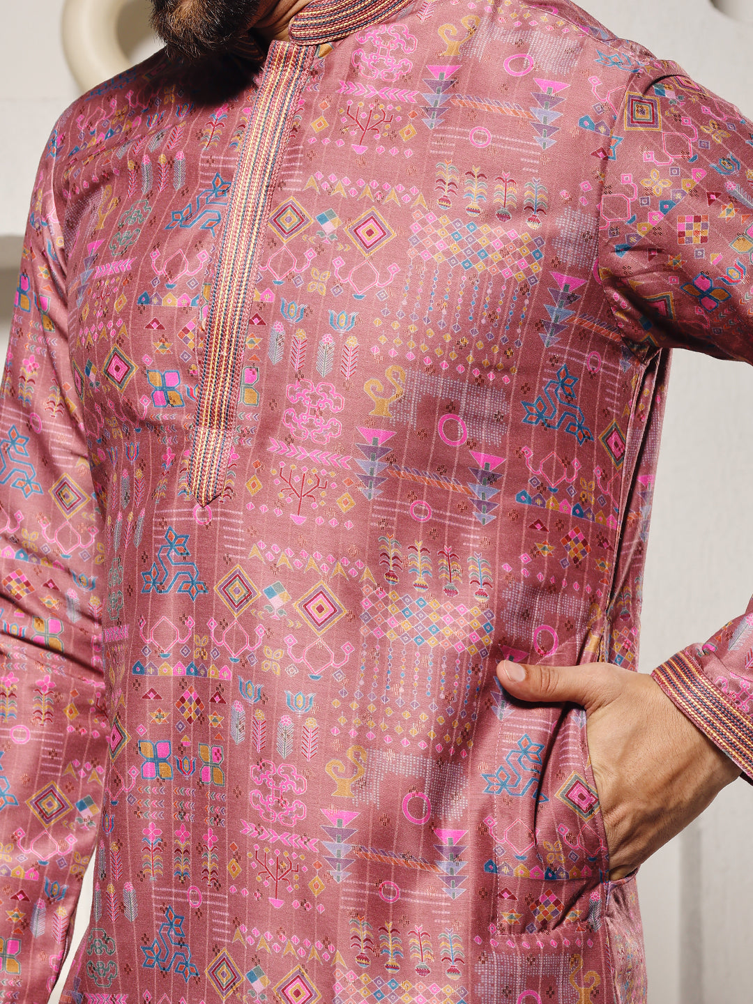 Men Light Pink Printed Silk Kurta Trouser Set