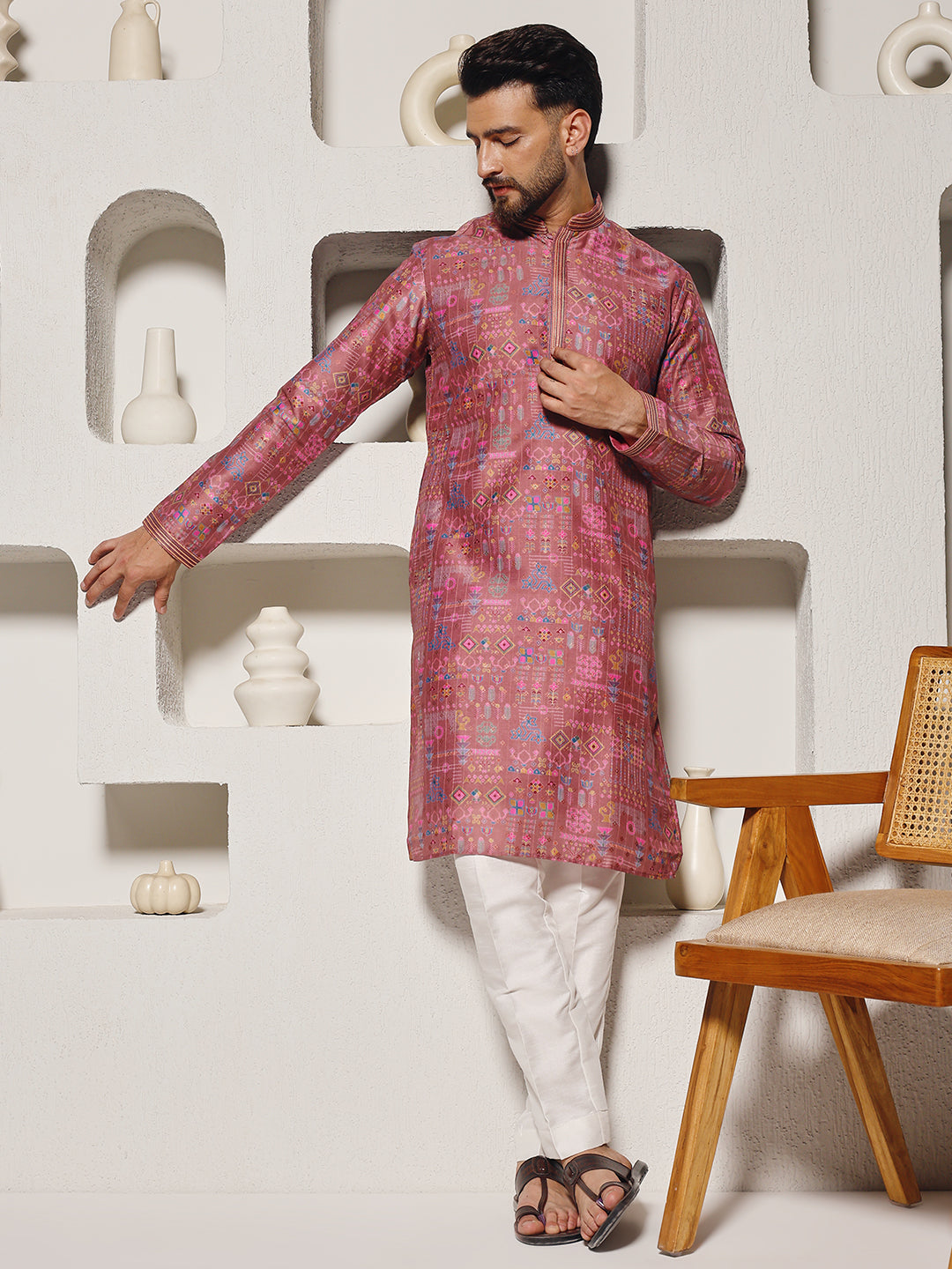 Magnet Men's Light Pink Printed Silk Kurta Trouser Set