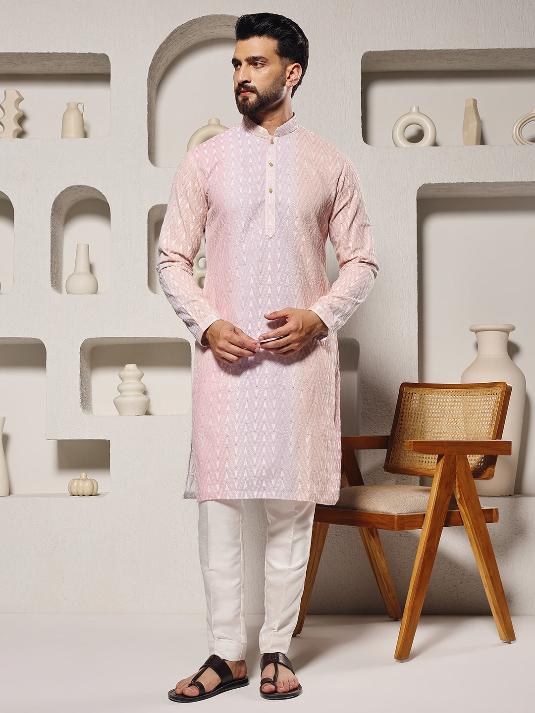 Men Multicolour Ombre Lucknowi Kurta Trouser Set