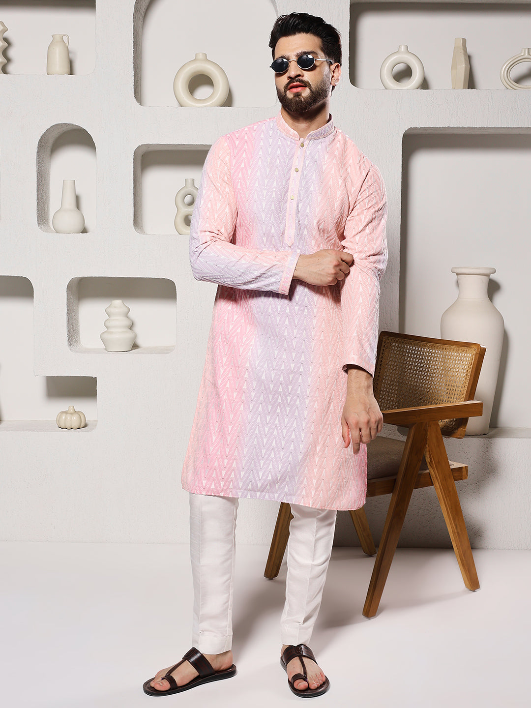 Magnet Men's Multicolour Ombre Lucknowi Kurta Trouser Set