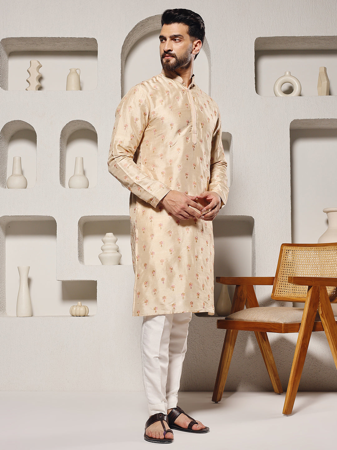 Magnet Men's Tusser Silk Butti Work Kurta Set