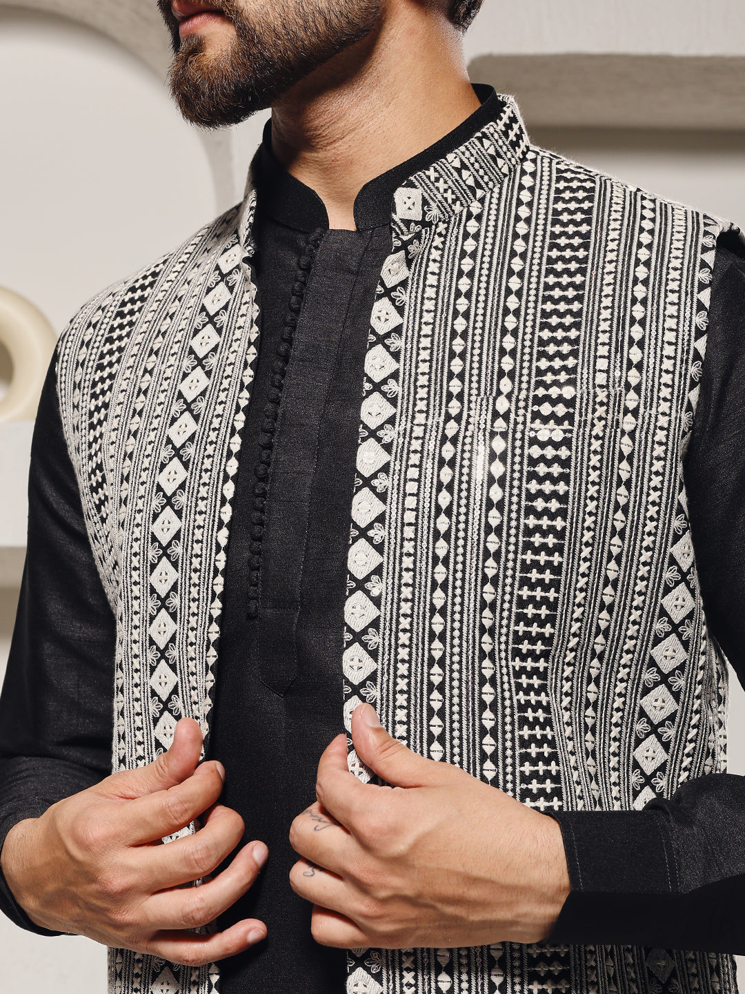 Magnet Men's Black Mirror Work Nehru Jacket Set