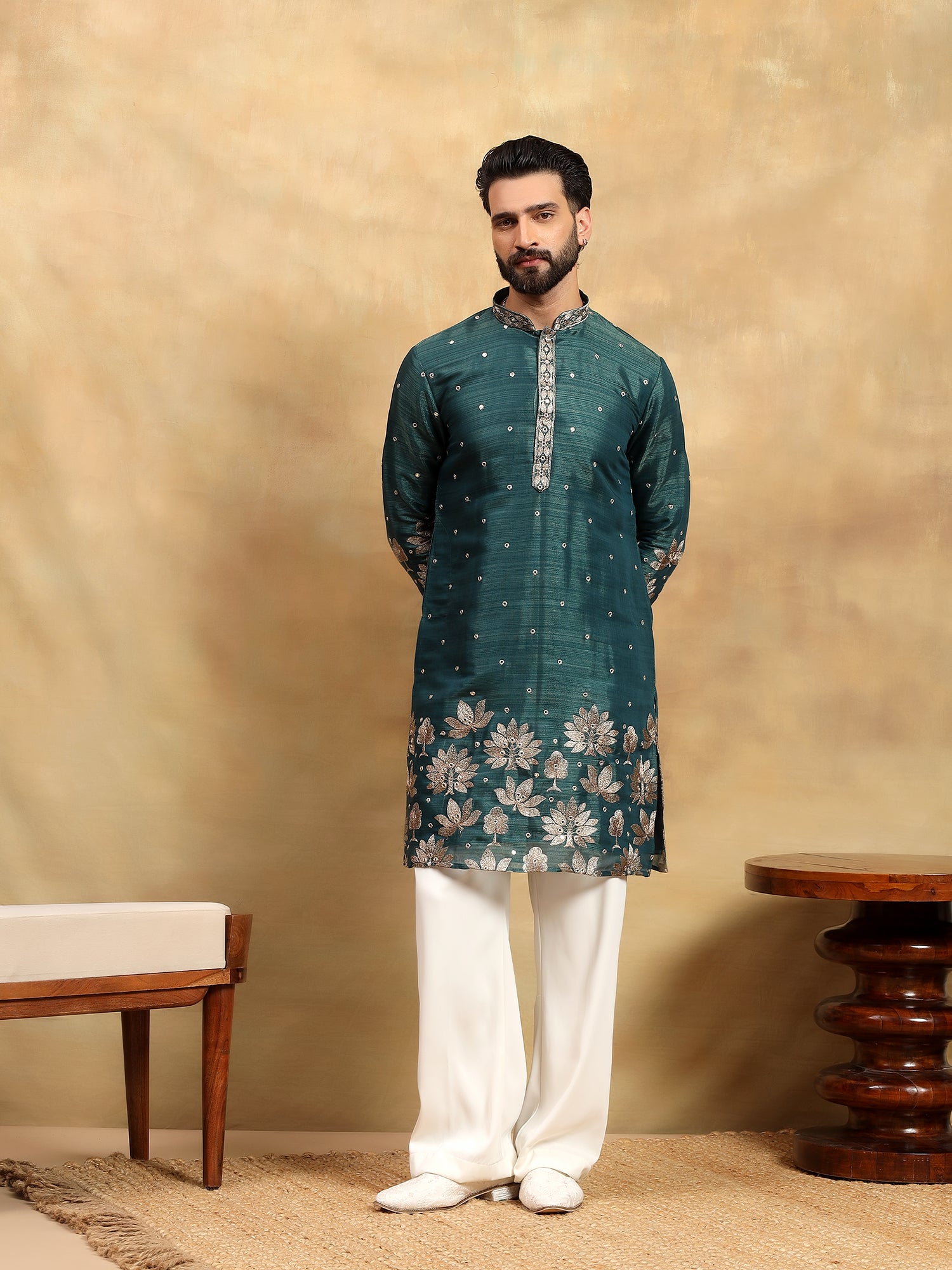 Rama Blue Tissue Silk Kurta With Parellel Pants