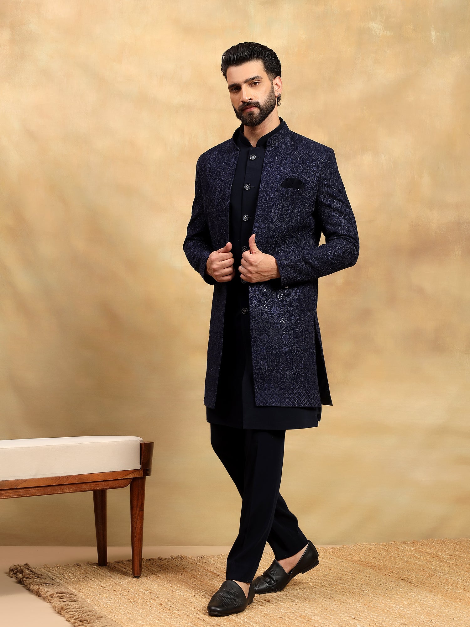 Navy Blue Lucknowi Indo Western Set