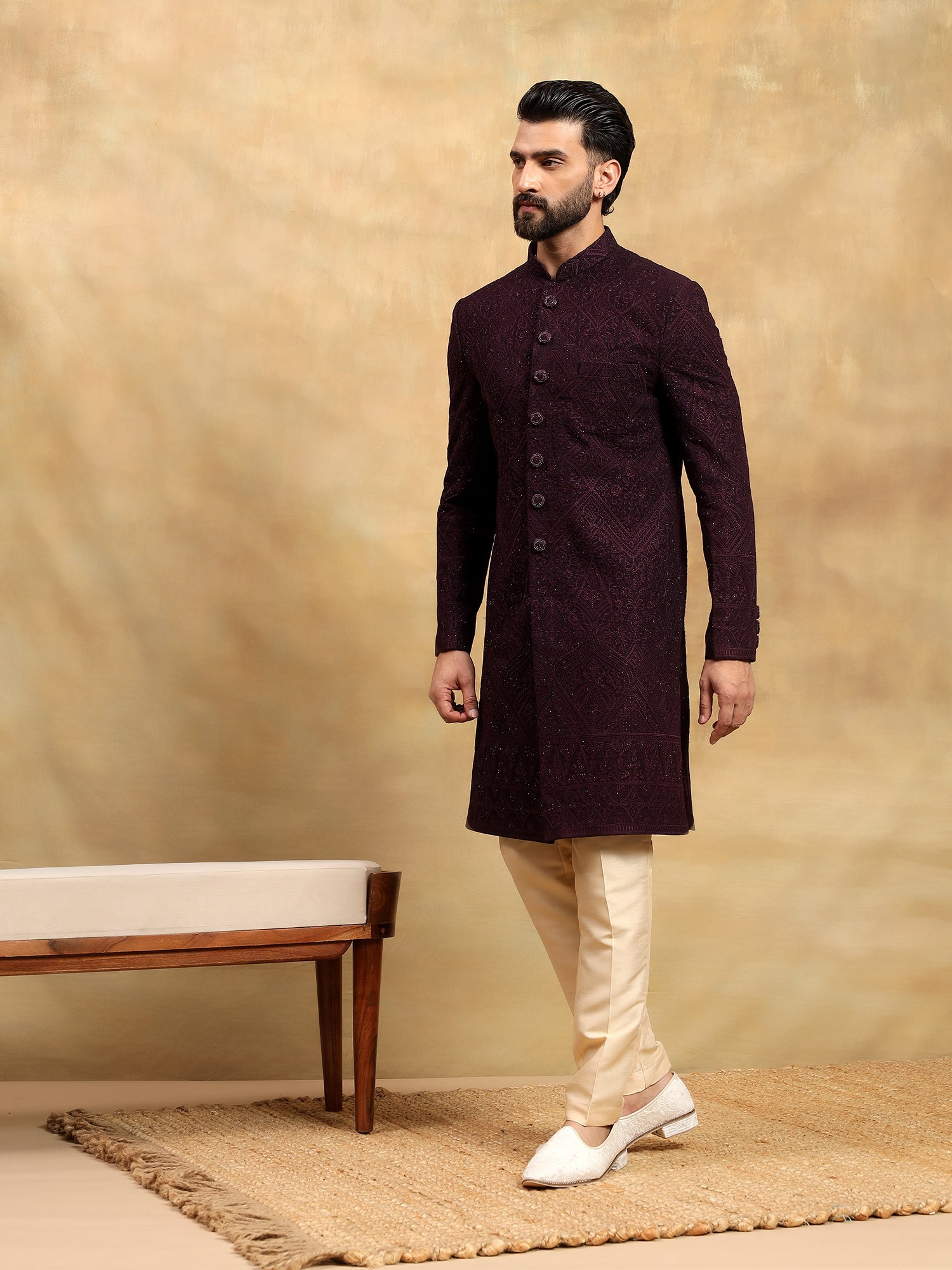 Wine Lucknowi Embroidered Nawabi Set
