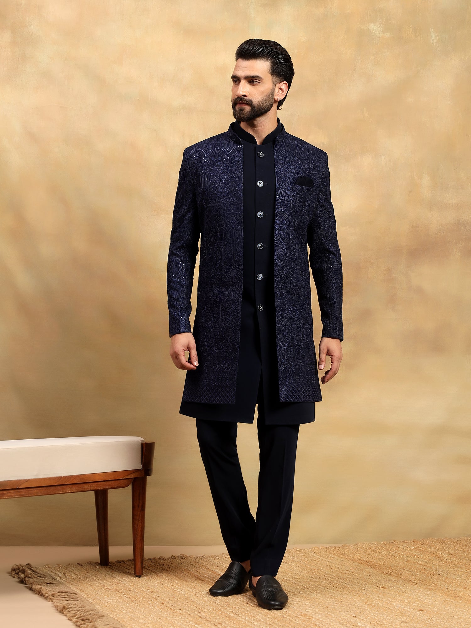 Navy Blue Lucknowi Indo Western Set