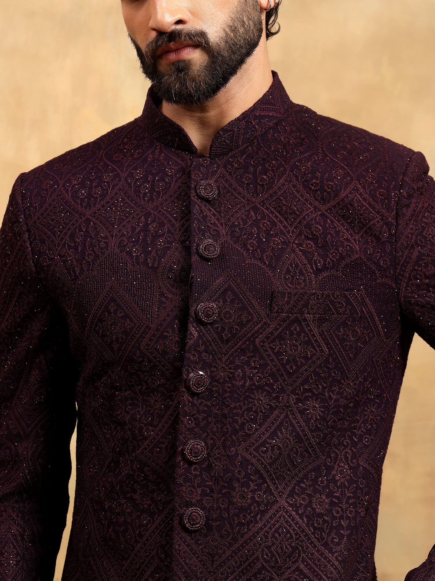 Wine Lucknowi Embroidered Nawabi Set