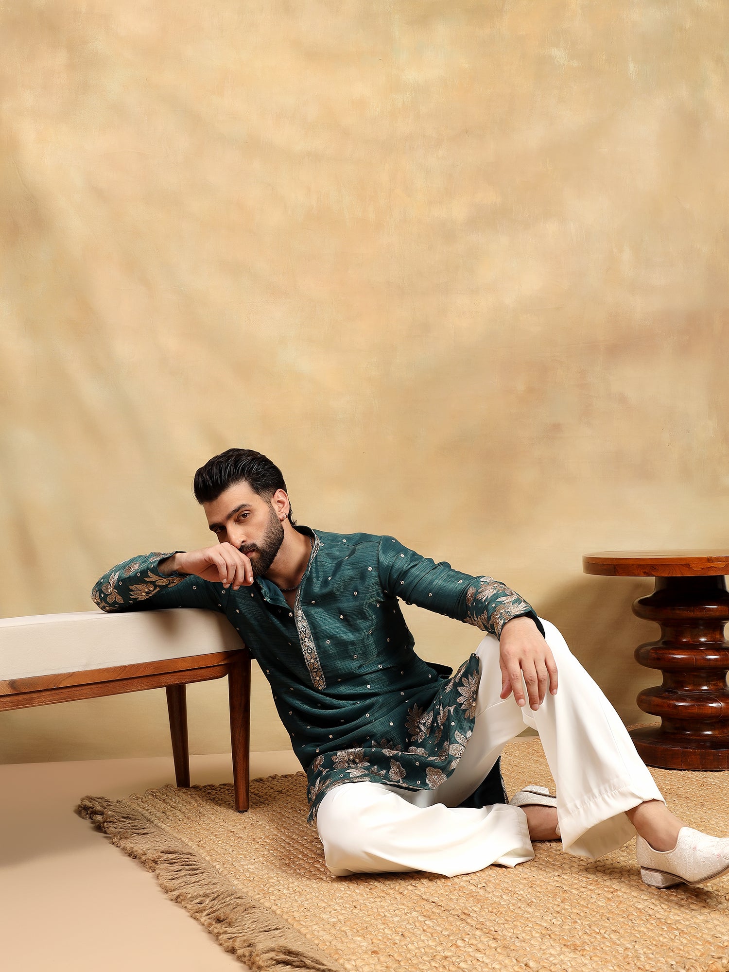 Rama Blue Tissue Silk Kurta With Parellel Pants