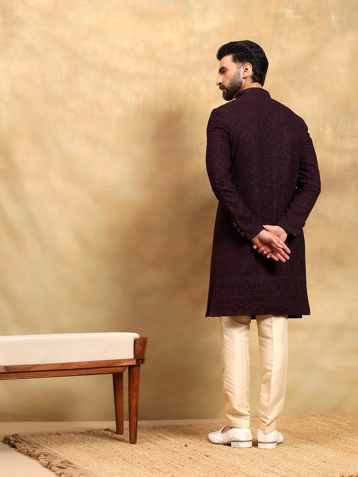 Wine Lucknowi Embroidered Nawabi Set