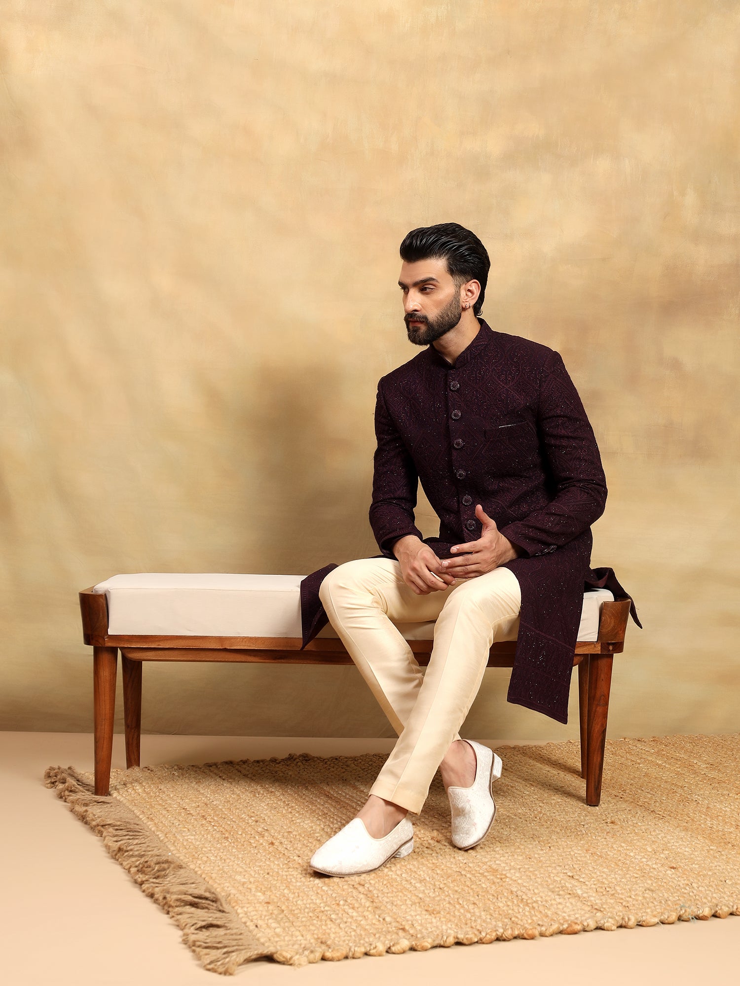 Wine Lucknowi Embroidered Nawabi Set