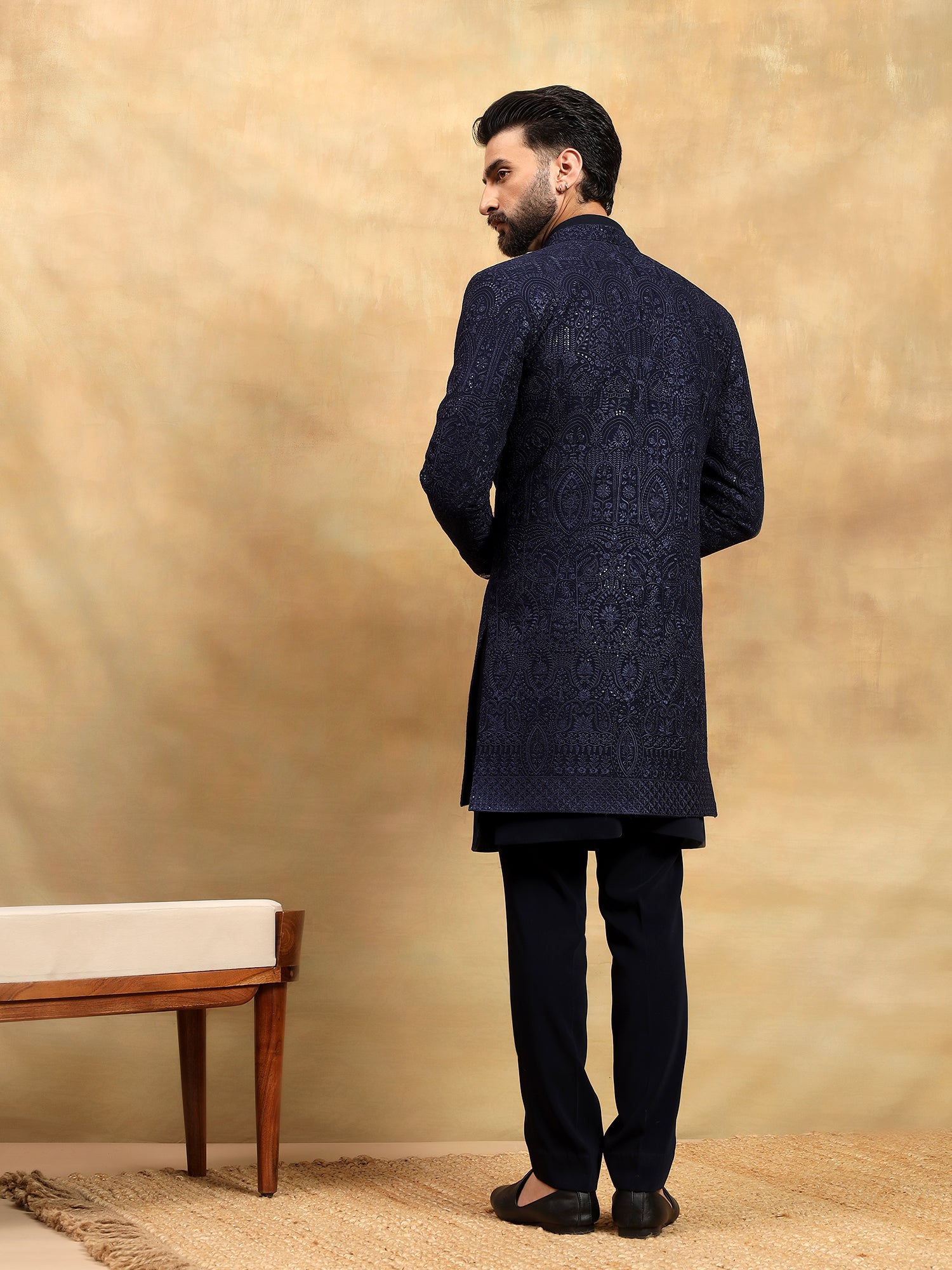 Navy Blue Lucknowi Indo Western Set