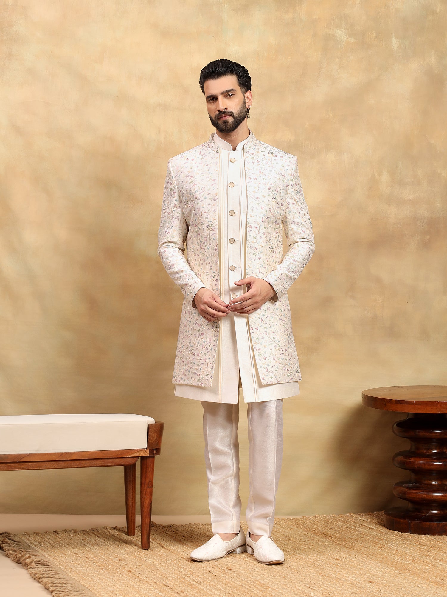 Cream Embroidered Indo Western Set