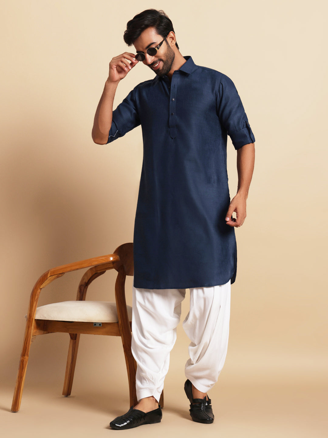 Navy Blue Linen Blend Pathani Set