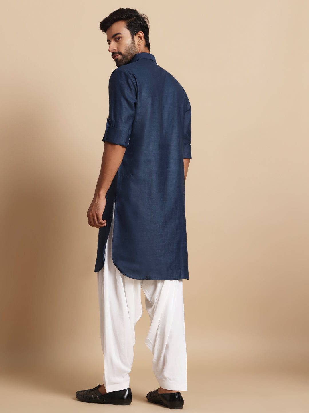 Navy Blue Linen Blend Pathani Set