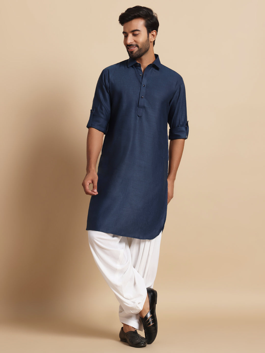 Navy Blue Linen Blend Pathani Set
